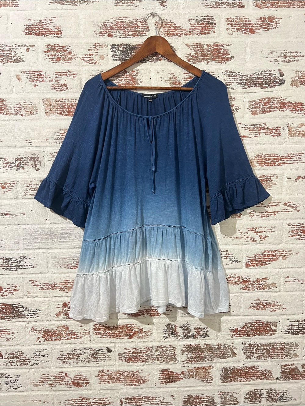 RXB Blouse Ombré Bell Sleeves Tie Front Oversized Boho Sz L